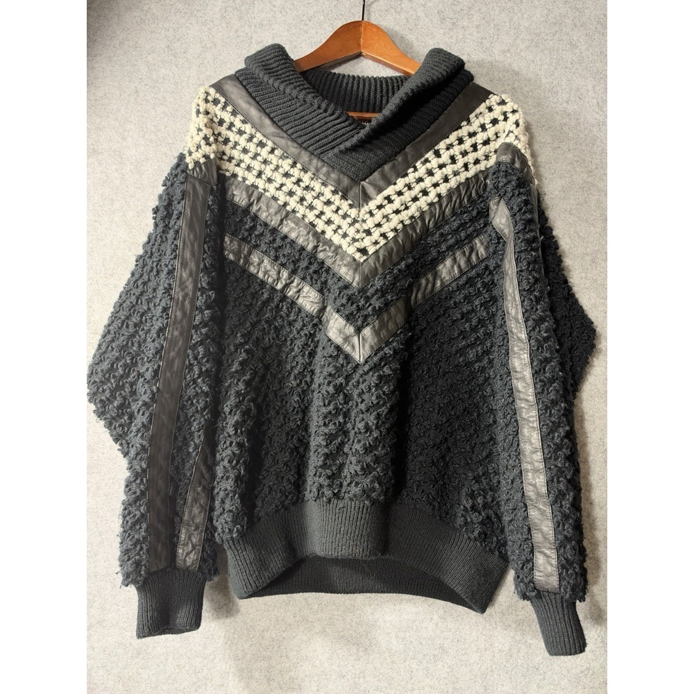 VTG Vittorio Uomo Mens M Black Gray Textured Knit Sweater Leather Trim 80s 90s